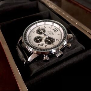 Citizen Watch Silver Dial Black Face Leather Band ECO Drive